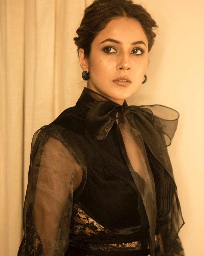 Shehnaaz Gill : కైపెక్కించే కళ్ళతో హీట్ పెంచుతోన్న బ్యూటీ shehnaaz-gil-glamours-looks-in-lace-detail-top-and-pants-set