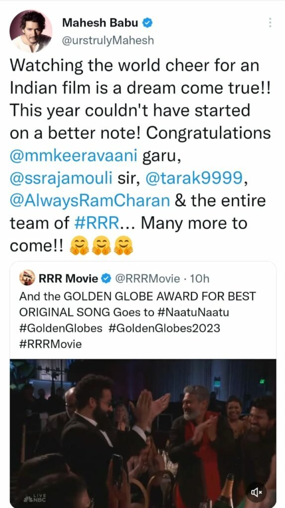 RRR Golden Globe : ట్విట్టర్లో ఆర్ఆర్ఆర్ టీమ్ కు అభినందనల వెల్లువ 6 rrr-golden-globe-celebrities-congratulate-rrr-team-for-prestigeous-moment